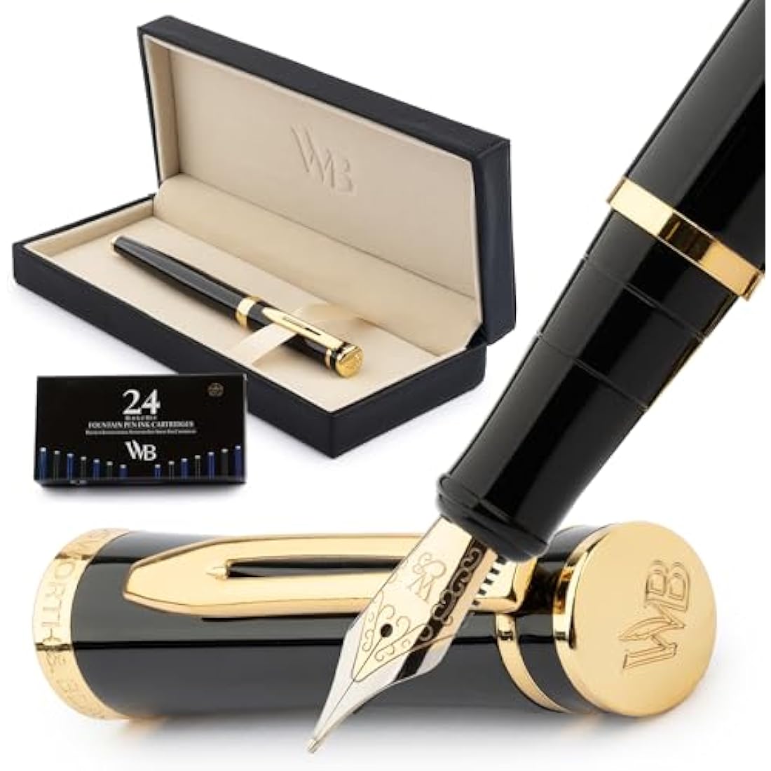 Wordsworth & Black Fountain Pen Set, Medium Nib, Includes 24 Ink Cartridges and Ink Refill Converter, Gift Case, Journaling, Calligraphy, Smooth Writing Pens [Black Gold], Perfect for Men and Women