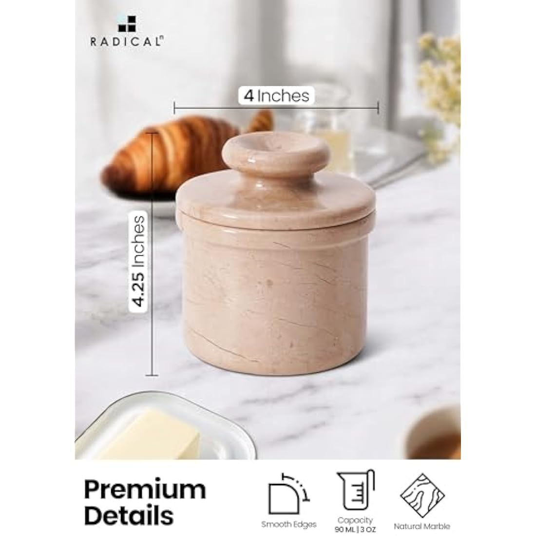 Radicaln Marble Butter Keeper 4.25" Inches Oceanic Handmade Butter Crock for Spreadable Butter Ideal Butter Crock for Counter with Water French Butter, Crock Pot & Butter Dish (Verona, Standard)