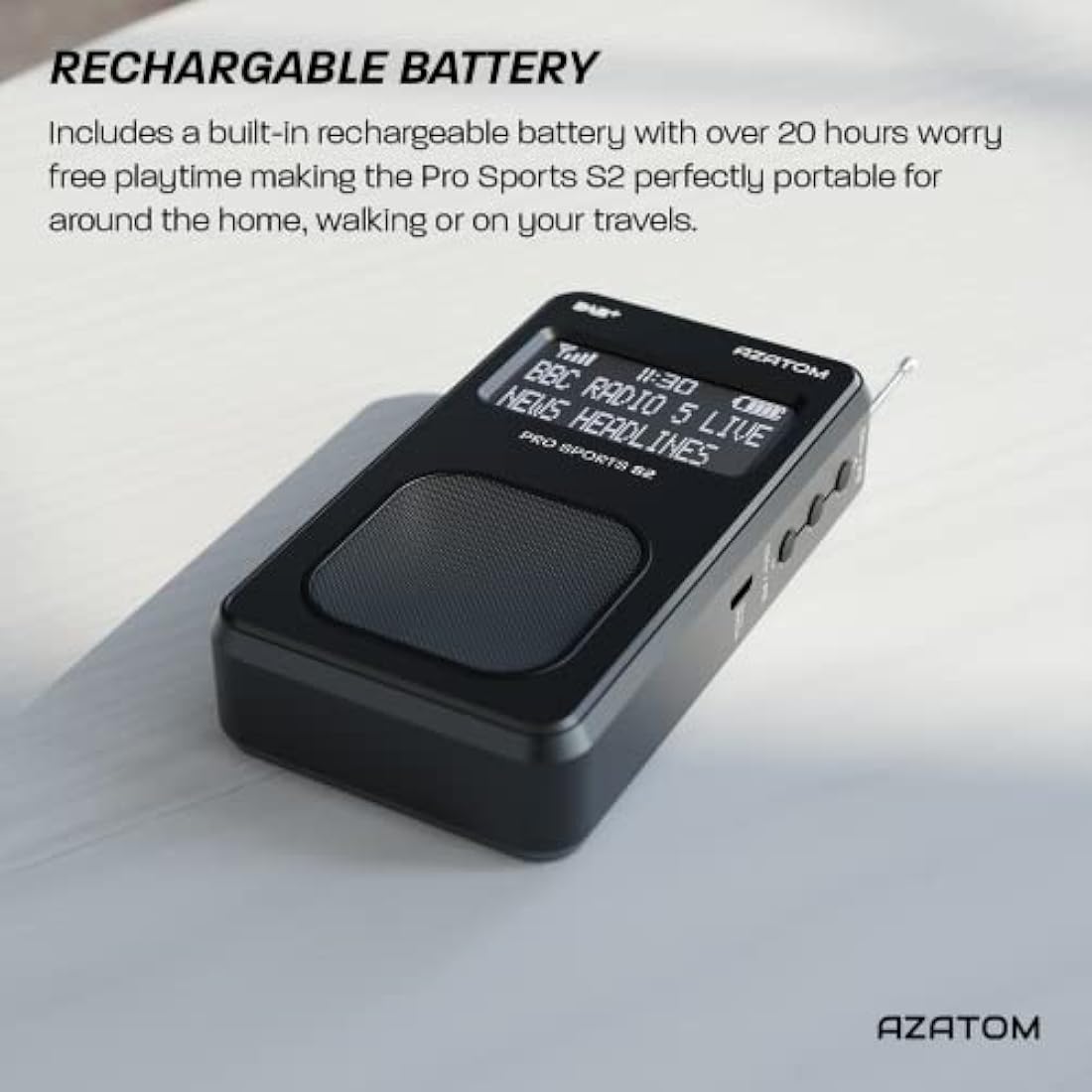 Portable DAB/DAB+ & FM Digital Radio | Sports Earphones Included | Built in Speaker | Rechargeable Battery (10-12 Hours) | Perfect for Sports, Hiking or Working | AZATOM Pro Sports S2 (Black)