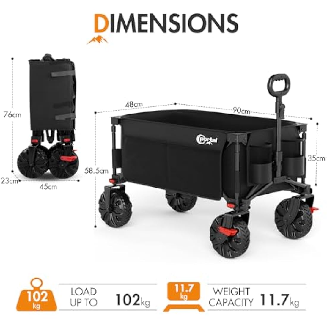 PORTAL Beach Trolley Cart for Sand All Terrain Big Wheels Festival Camping Trolley Folding Beach Wagon Foldable Garden Trolley on Wheels Supports 102kg Heavy Duty Collapsible