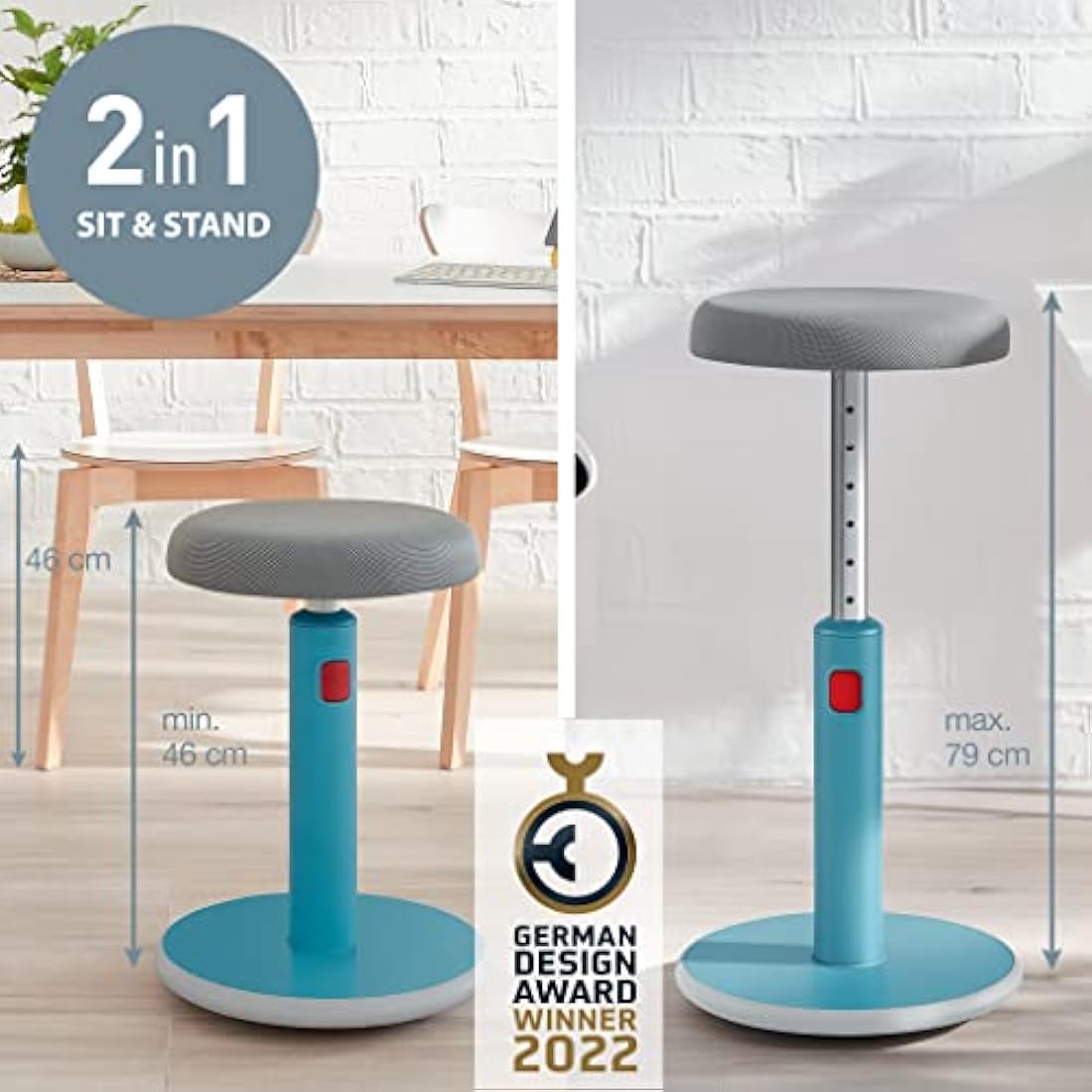 Leitz Active Sit Stand Stool, Ergonomic Height Adjustable 46cm To 79cm Wobble Stool, Round Swivel Office Desk Chair/ Stool, Ergo Cosy Range, Calm Blue, 65180061
