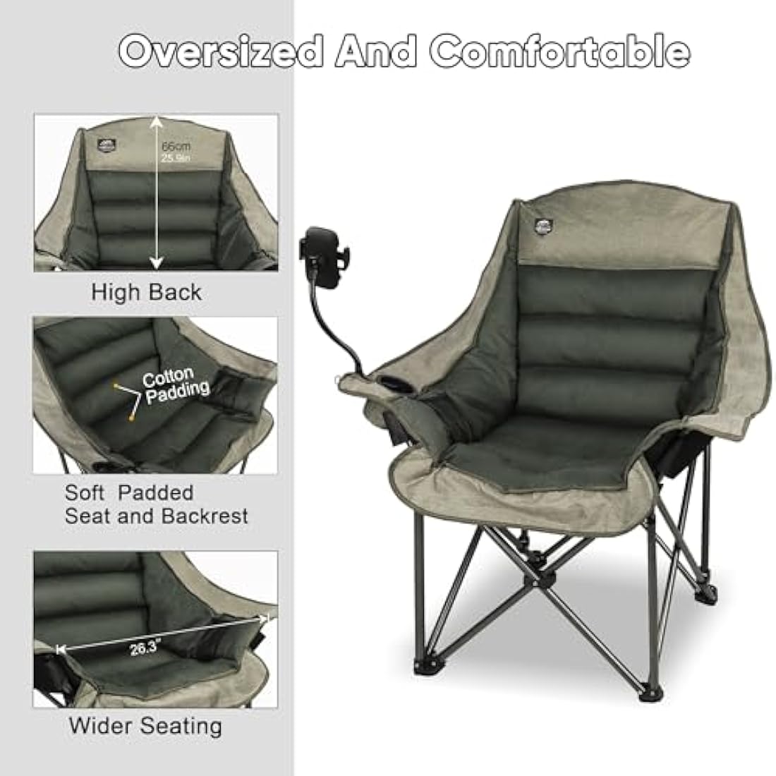 LANMOUNTAIN Oversized XL Folding Camping Chair, Heavy-Duty Support 400Lbs, Comfortable Adult Chair with Cup Holder, Phone Holder, Carry Bag, Perfect for Outdoor Activities (Brown)