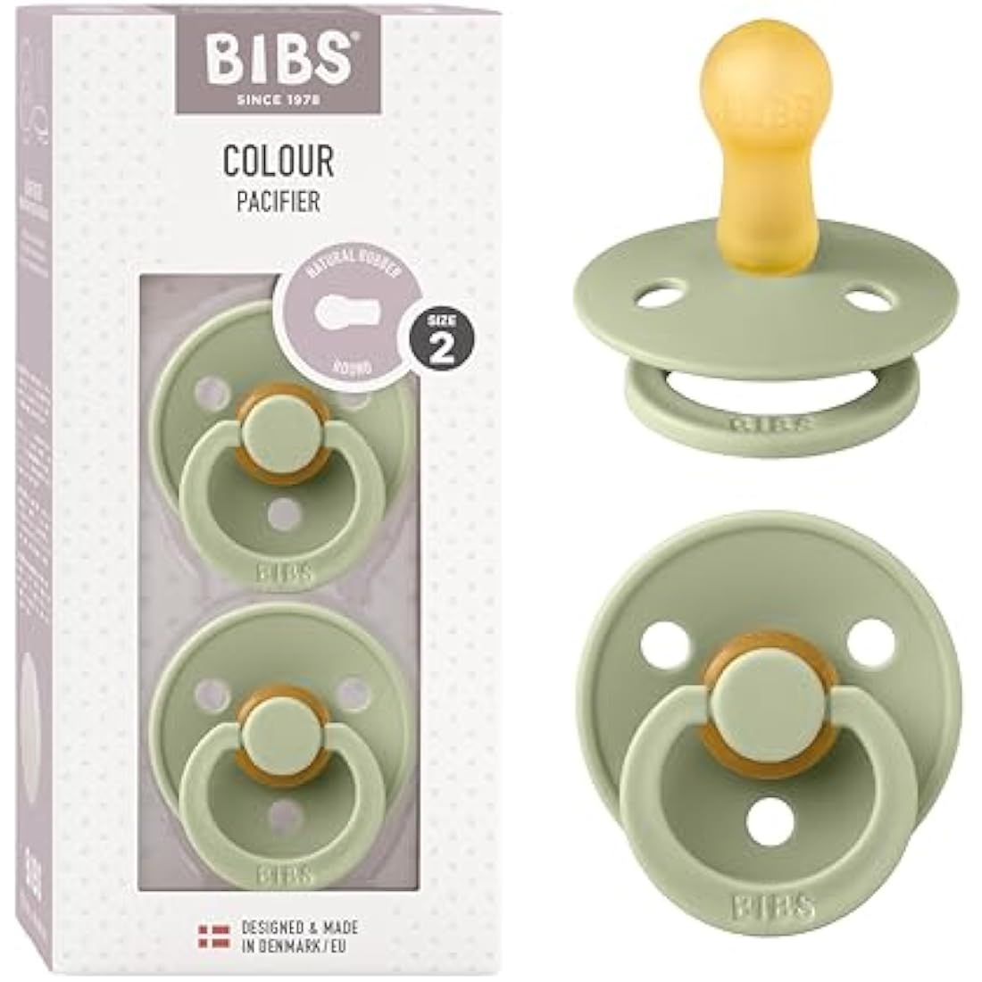 BIBS Colour Soother 2-Pack, BPA Free Dummy Pacifier, Round Nipple. Natural Rubber Latex, Size 2 (6-18 Months), Sage/Sage