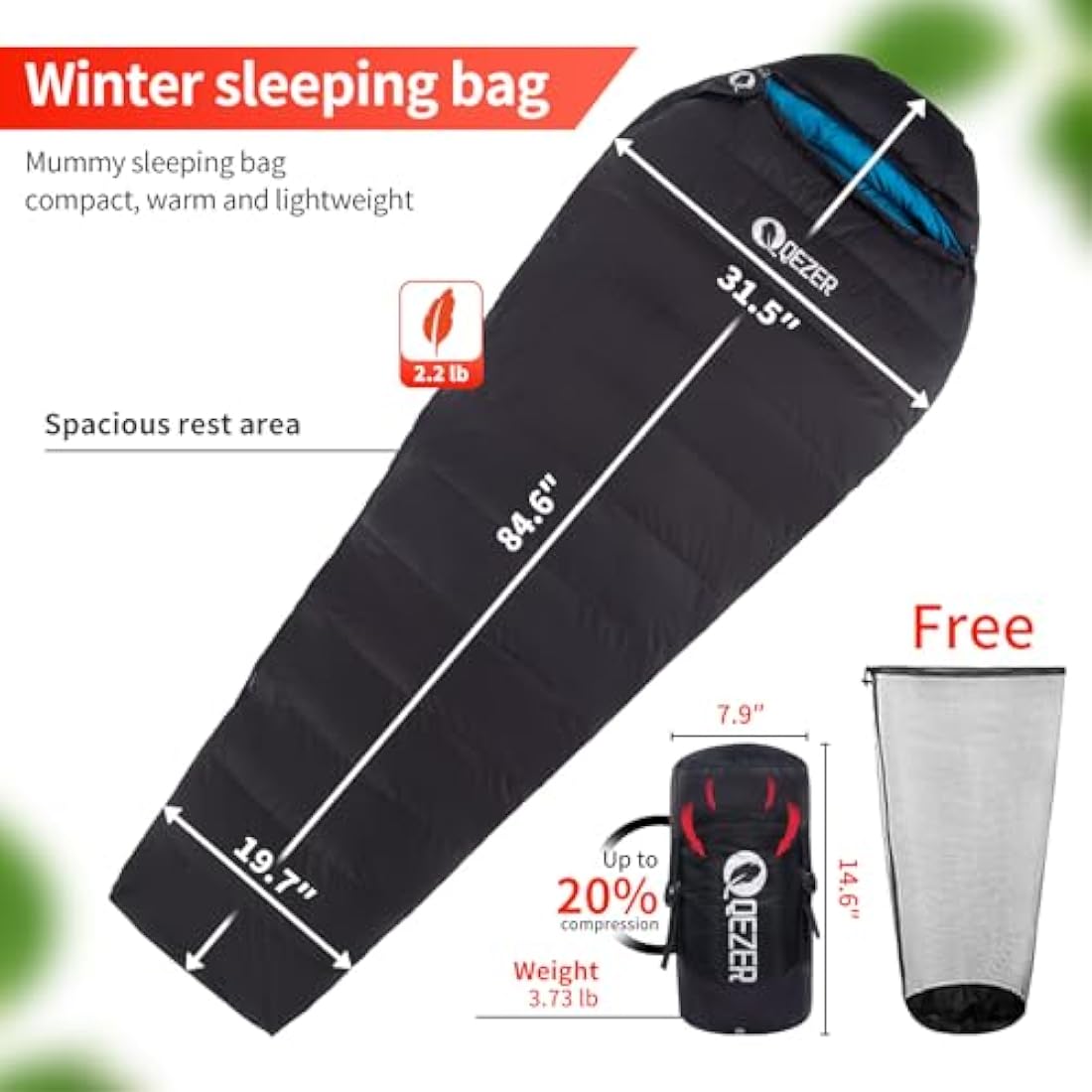 QEZER Down Sleeping Bag 4 Season, Lightweight Winter Sleeping Bag 0 Degree to -12 Degree C for Adults and Kid Camping, Hiking and Backpacking Outdoor Filled 600+FP Down