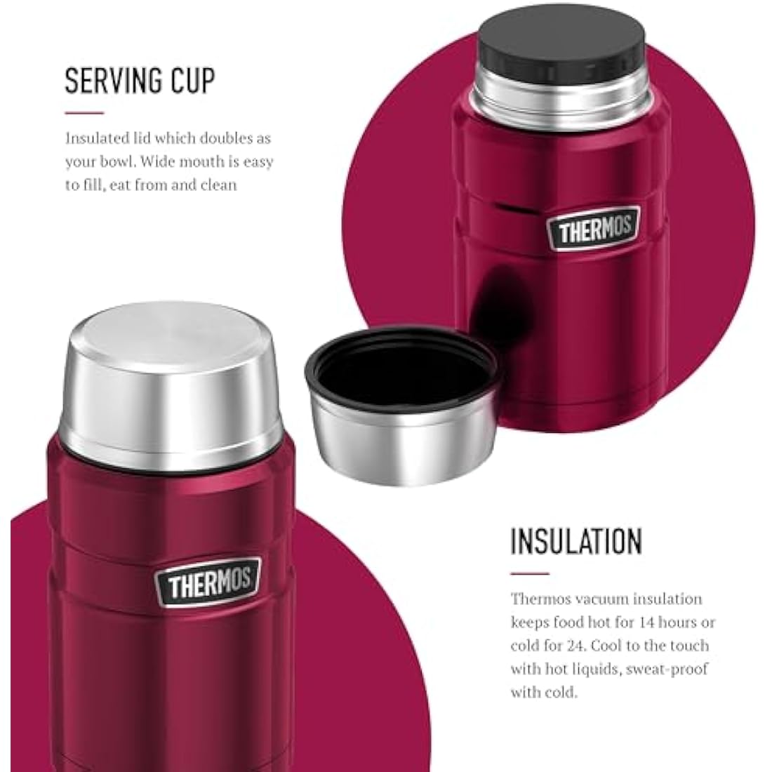 Thermos Stainless King Food Flask, 710ml Capacity - Sleek Multi- Purpose Flask for Daily Food Prep - Durable Stainless Steel with Raspberry Finish - Ideal for On-The-Go Meals & Drinks