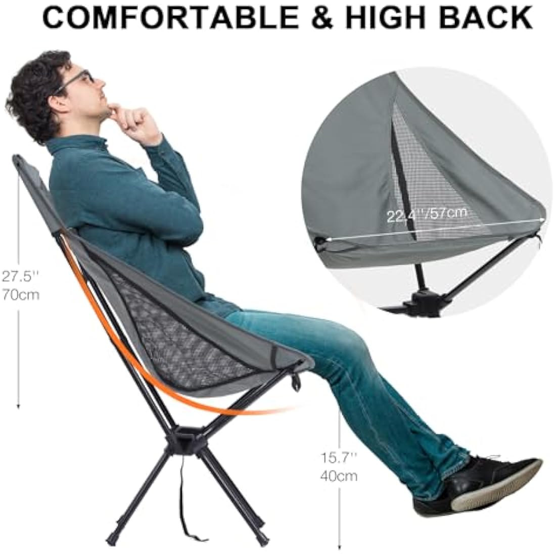 Outplea Lightweight Camping Chair Comfy High Back, Portable Compact Travel Chair for Hiking Picnic Fishing Backpacking, Grey