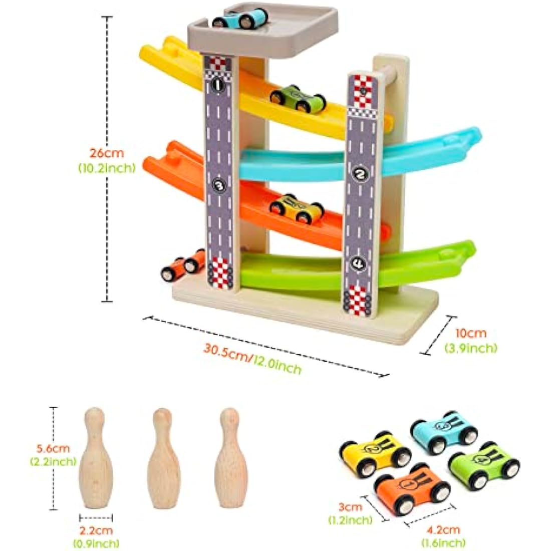 Wooden Car Ramp Toys Zig Zag Cars Slide Toddler Toys Wooden Click Clack Race Track Bowling Game Wood Car Toy Garage with 4 mini Cars 3 Bowlings for 1 2 3 Year Old Boys Girls Gifts