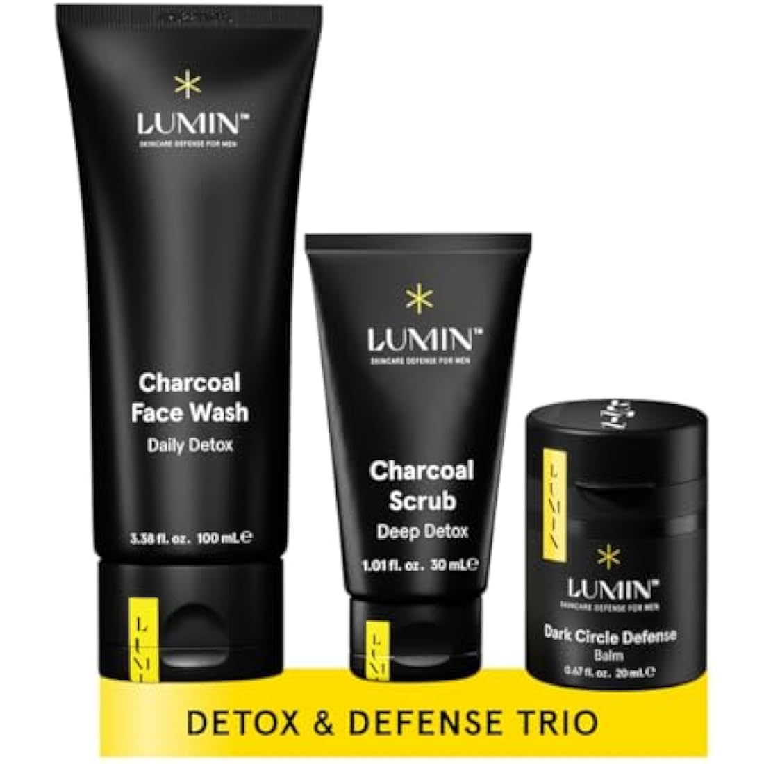 Lumin - Boss Trio - Daily Face Moisturiser, Charcoal Scrub Deep Detox & Dark Circle Defense Balm, Men's Skin Care Kit, Banish Dark Circles, Puffiness, Clogged Pores, Suitable for all skin types
