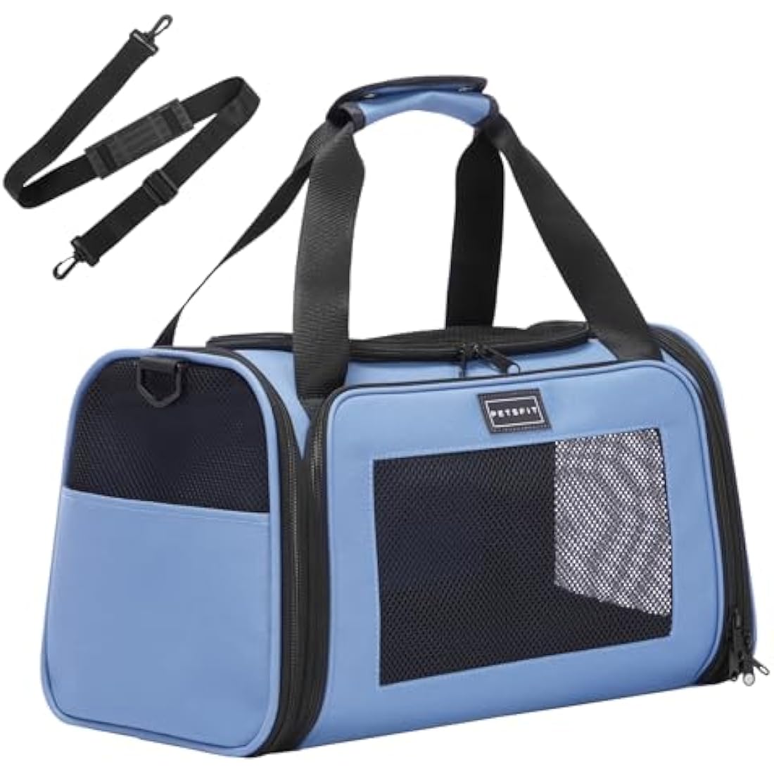 PETSFIT Cat Carrier Large with Extendable Fleece Pet Mat, Soft Cat Carrier Airline Approved with Safety Leash for Pets Up to 12 Lbs (44 * 26.5 * 27CM, Blue)