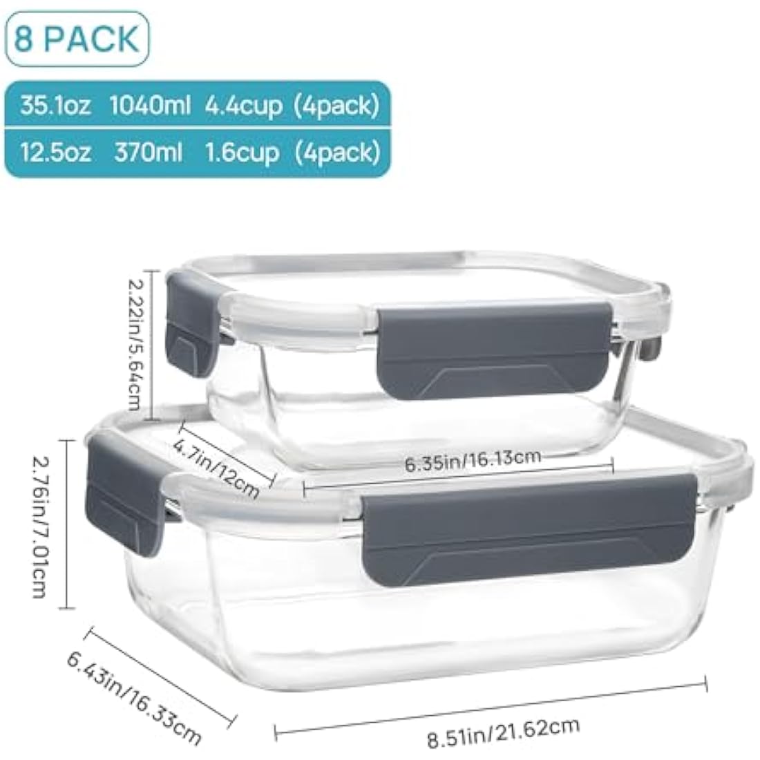 Vtopmart Glass Containers with Lids, 8 Pack Glass Meal Prep Containers, Lunch Box with BPA Free, Stackable, High Temperature Resistance, for Freezer, Camping