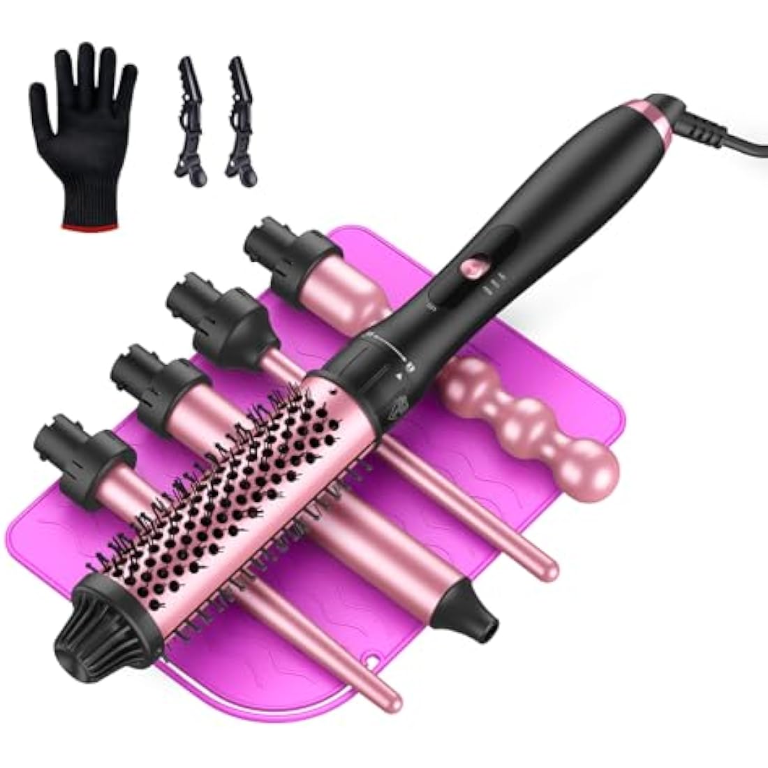 LANDOT 5-in-1 Curling Wand with Thermal Brush: Curling Iron Tongs Set & 4 Interchangeable Ceramic Barrels (9-32mm) - Adjustable Temp Instant Heat Up Long Lasting Curls