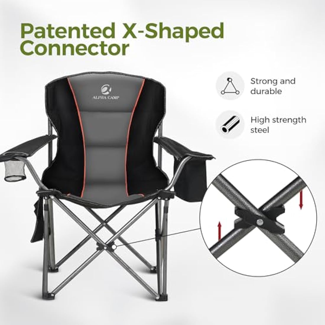 ALPHA CAMP Camping Chairs for Adults Heavy Duty Camping Chair Up to 200 kg Folding Camp Chair with Cup Holder and Cooler Bag for Outdoor Picnic Fishing, Lightweight and Portable, Black