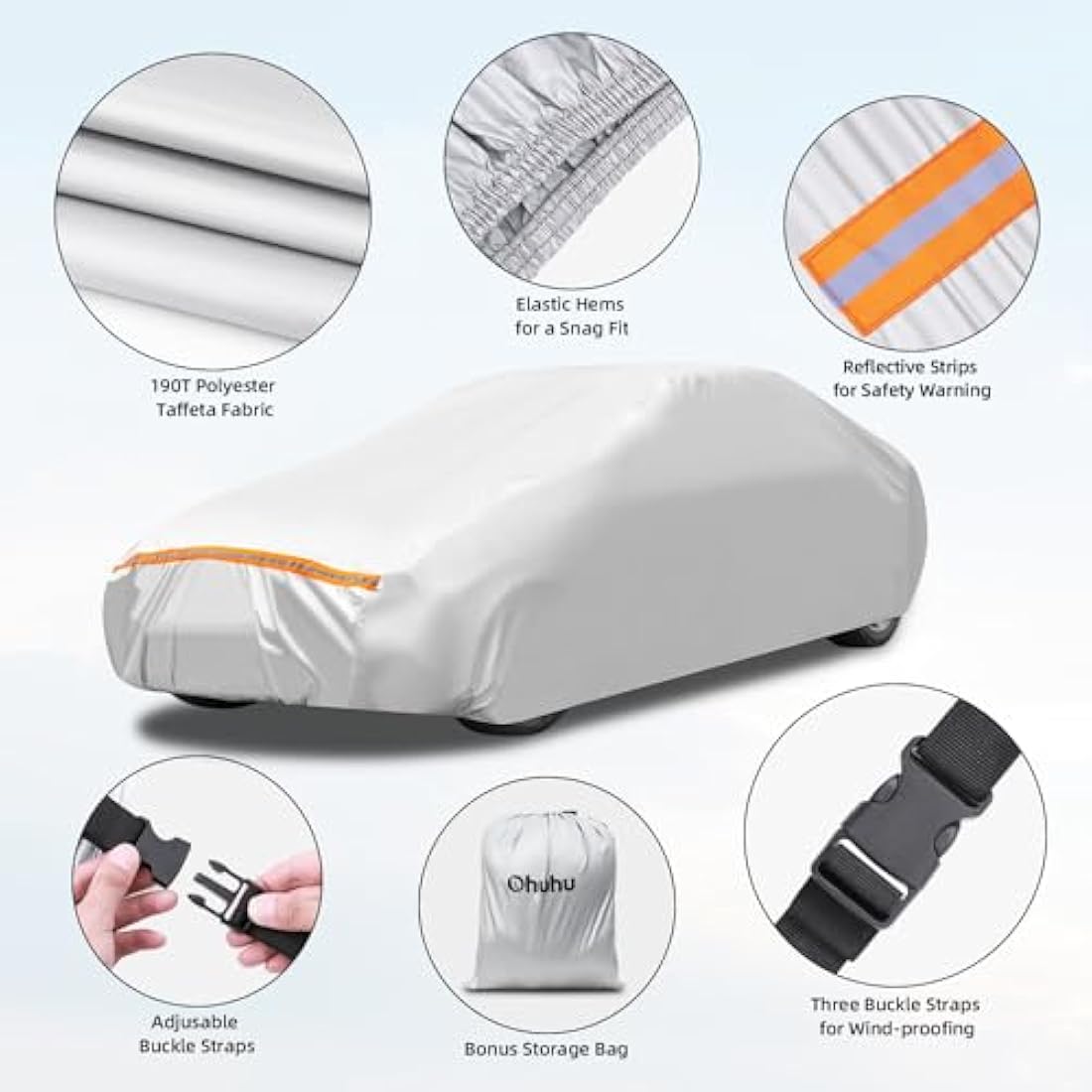 Car Cover, Ohuhu Universal Full Car Covers Outdoor Indoor, All Weather Protection Auto Cover Windproof Snowproof Dustproof Scratch Resistant UV Protection, Fit Sedan (191"-201"/ 485-510cm)