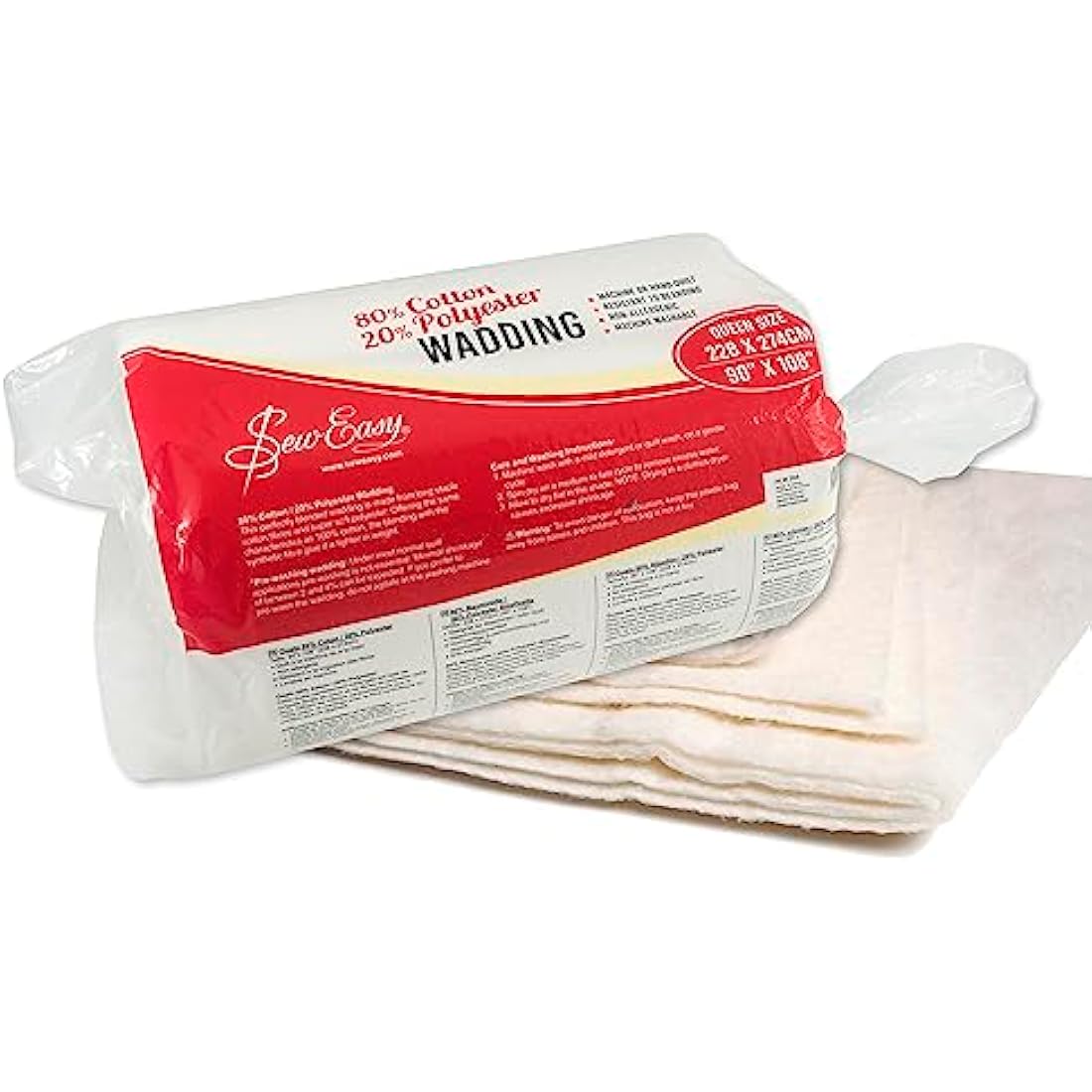 Sew Easy Quilting Batting Wadding 80% Cotton 20% Polyester Washable, Queen Size 228.6 x 274.3cm 90 x 108” (NLW.204)