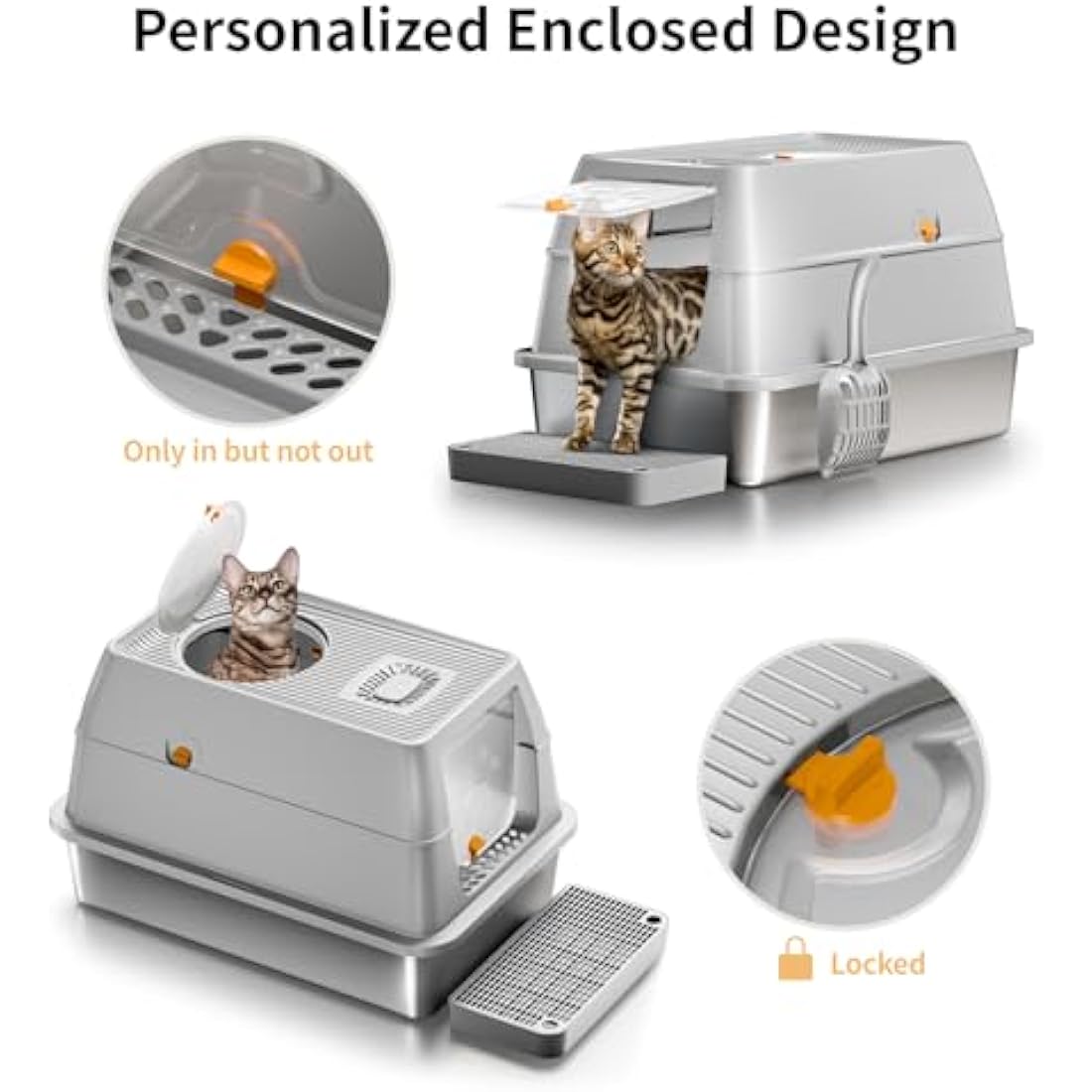 Stainless Steel Cat Litter Tray with Lid, XXL Enclosed Cat Litter Box with High Sided for Big Cats, with Removable Lid &Scoop - Grey