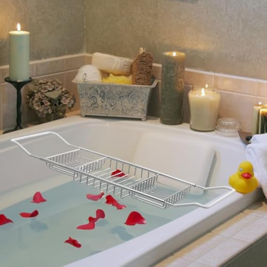 Cabilock Stainless Steel Bathtub Tray Stretchy Anti Slip Bathtub Tray Over Bath Tub Racks for Shower Bath Phone Pad Book Holder Silver