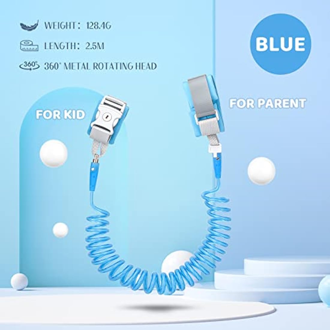 Wrist Reins for Toddlers Boys and Girls, Anyfirst 2.5M Anti Lost Wrist Link, 360°Rotate Toddler Wrist Strap with Elastic Wire Rope and Security Lock for Children Walking, Blue