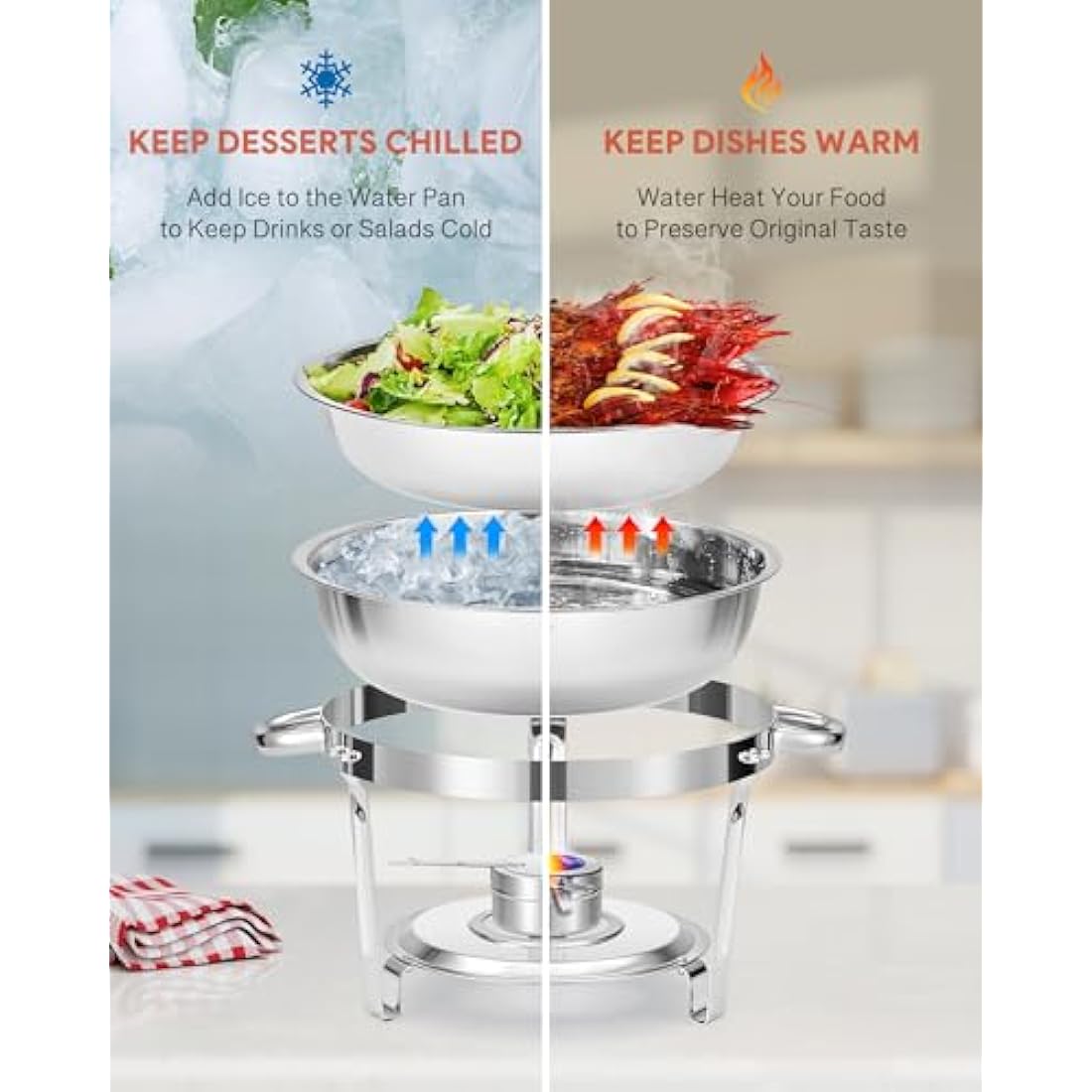 WILPREP Chafing Dish Buffet Set, 4 Pack 4.5L Round Chafers for Catering with Glass Lid & Lid Holder Water Food Pan, Stainless Steel Food Warmers