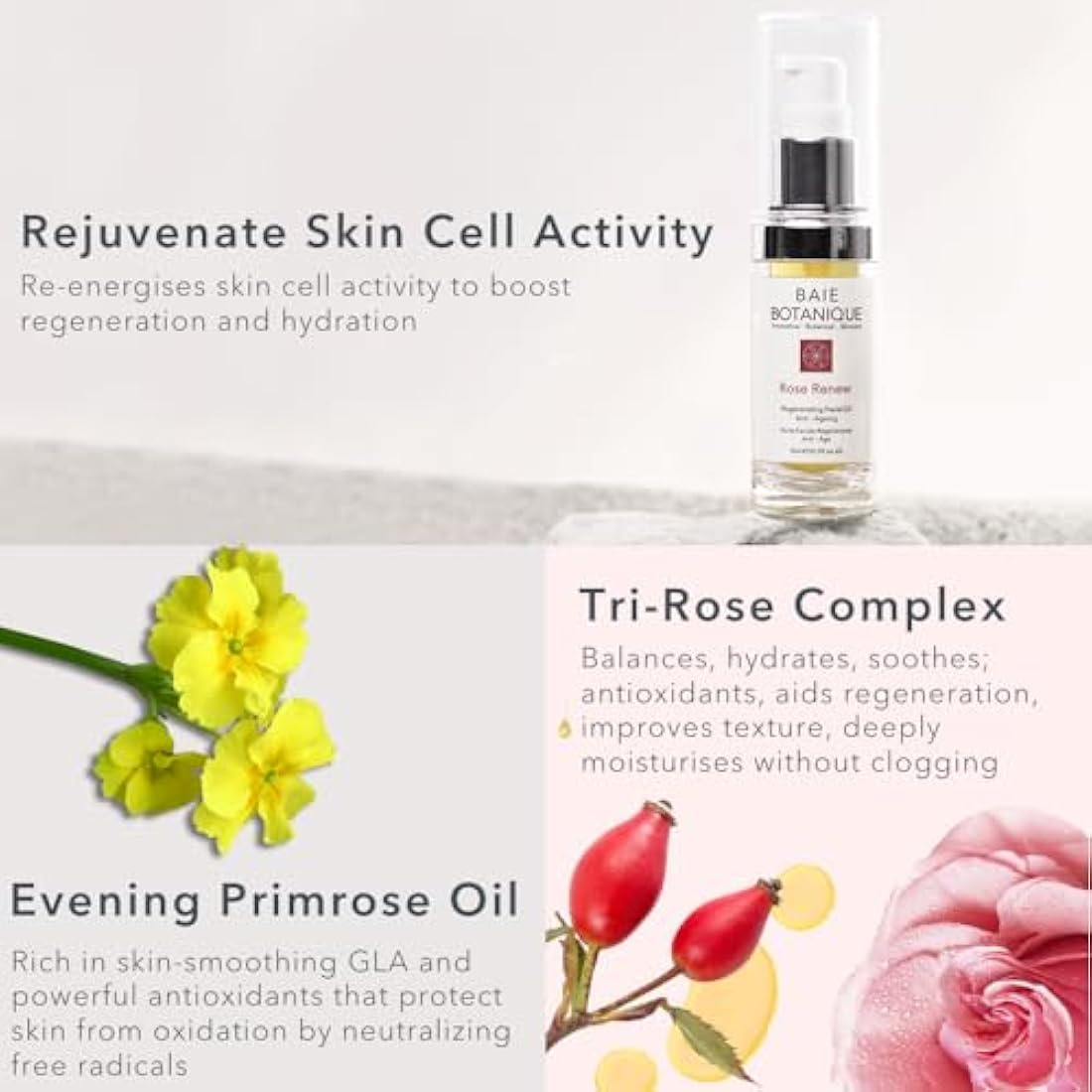 Baie Botanique Anti-Ageing Facial Oil 15ml - Rose Absolute, Camelia, Borage, Evening Primrose, Abyssinian & Amla Oil - 100% Natural, 90% Organic