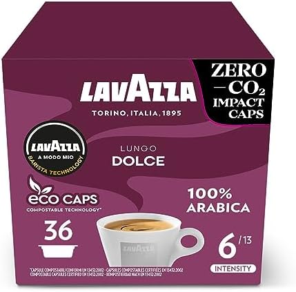 Lavazza A Modo Mio Lungo Dolce, Coffee Capsules, 100% Arabica, Sweet and Smooth Taste, Intensity 6/13, Medium Roasting, Perfect for a 40ml Espresso, Compostable, 36 Espresso Pods