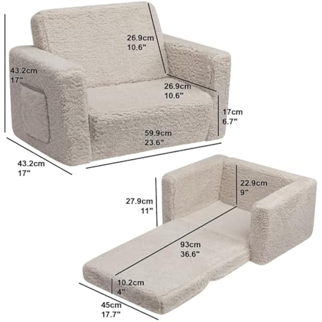 BEJOY Kids Sofa Bed 2-in-1 Flip Out Cuddly Sherpa Toddler Couch Convertible Sofa to Lounger Children Sofa Bed Children's Day and Birthday Gift for Girls Boys, Light Grey