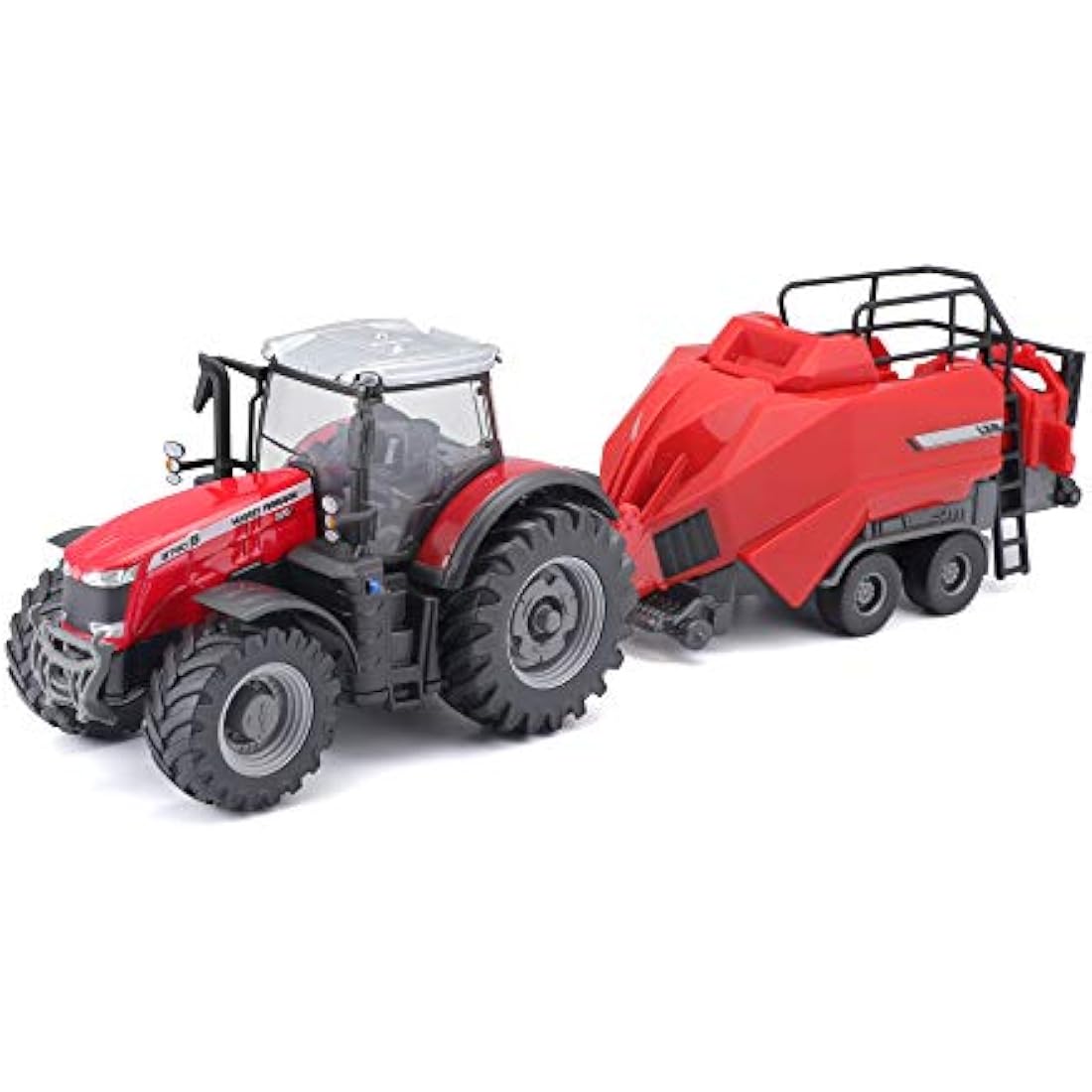 Bburago Die-Cast MASSEY FERGUSSON 8740S TRACTOR with Workiing BALER LIFTER - Detailed Replica Collectible Model Toy, Red