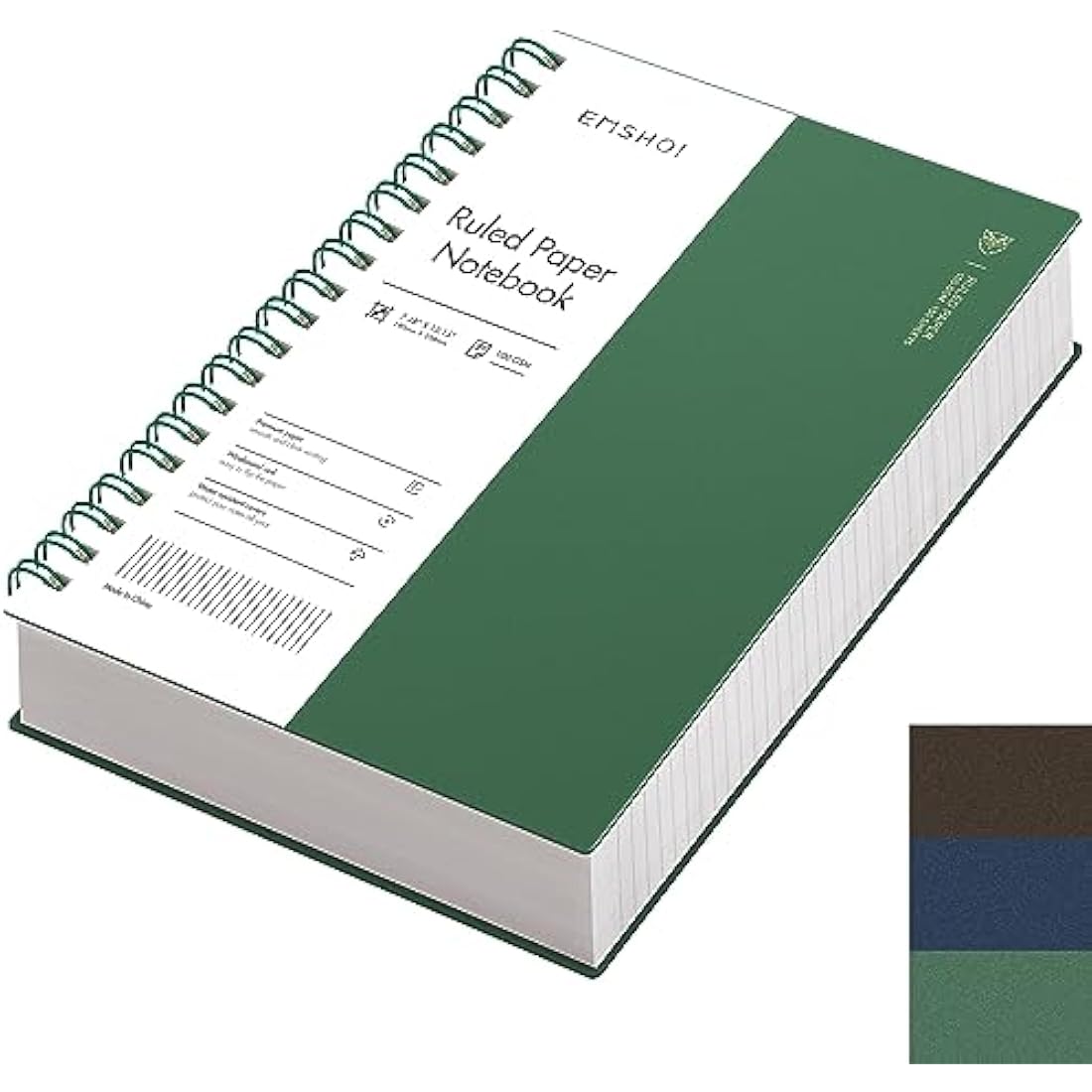 EMSHOI B5 Notebook College Ruled, Spiral Notepad 150 Sheets/300 Pages, 100gsm, PVC Cover, Sticky Notes, Pocket, Pen Loop, Ruler, Bookmark, Lined Journal for Women Men Writing, 19 x 25cm, Dark Green