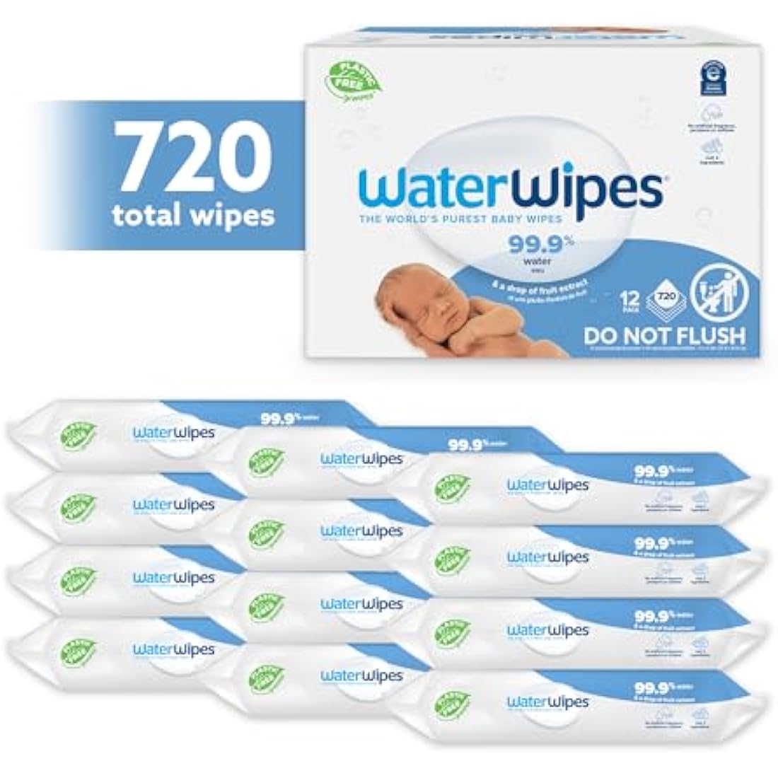 WaterWipes Sensitive+ Newborn & Baby Wipes, 720 Count (12 Packs), 3-In-1 Cleans, Cares, Protects, 99.9% Water, Unscented