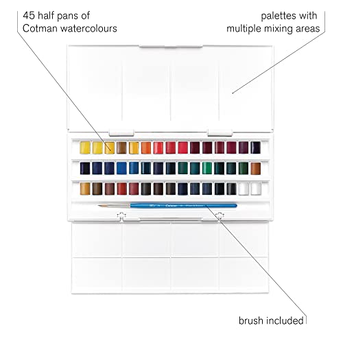 Winsor & Newton, Cotman Watercolour, 'Studio Set', 45 x Half Pans + 1 x Cotman Watercolour Round Brush