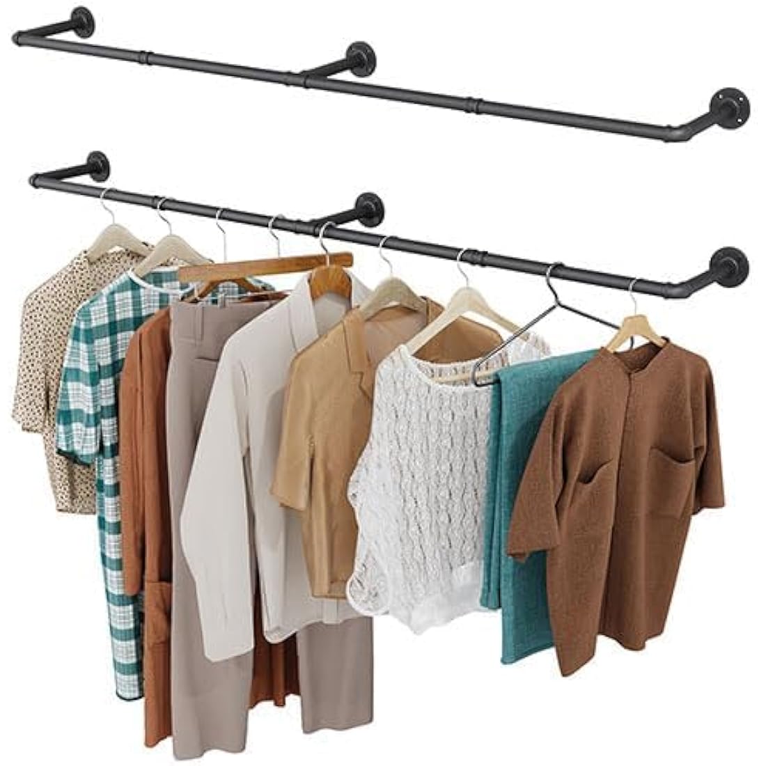 OROPY Industrial Pipe Clothes Rail, Set of 2, 167cm Wall Mounted Detachable Retro Metal Clothing Rail for Hanging Clothes, Heavy Duty Clothes Rail for Bedroom Storage, Black (3 Base)