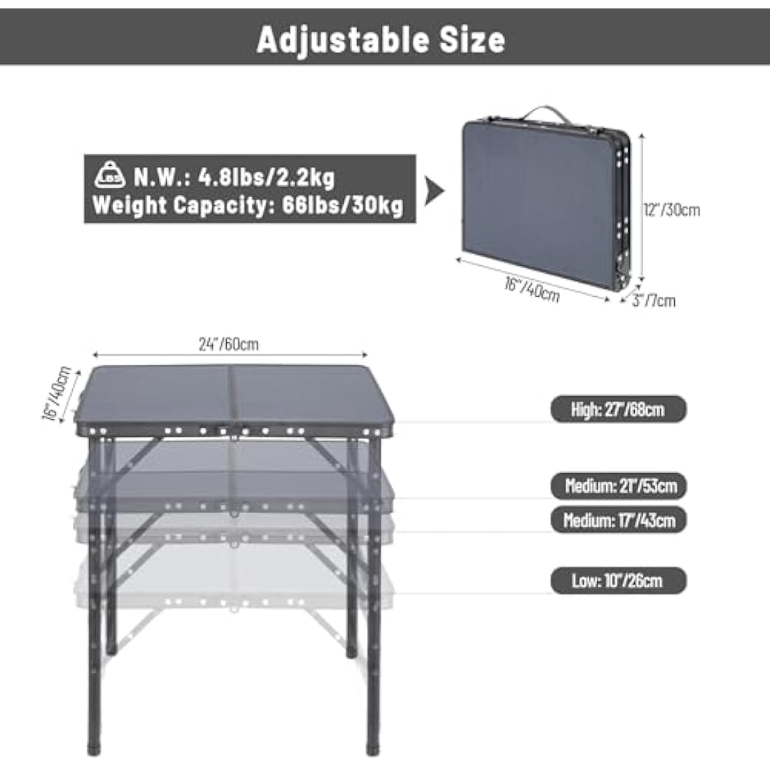 REDCAMP Small Camping Table 2 Foot, Portable Aluminum Folding Table Adjustable Height Lightweight for Picnic Beach Outdoor Indoor, Grey