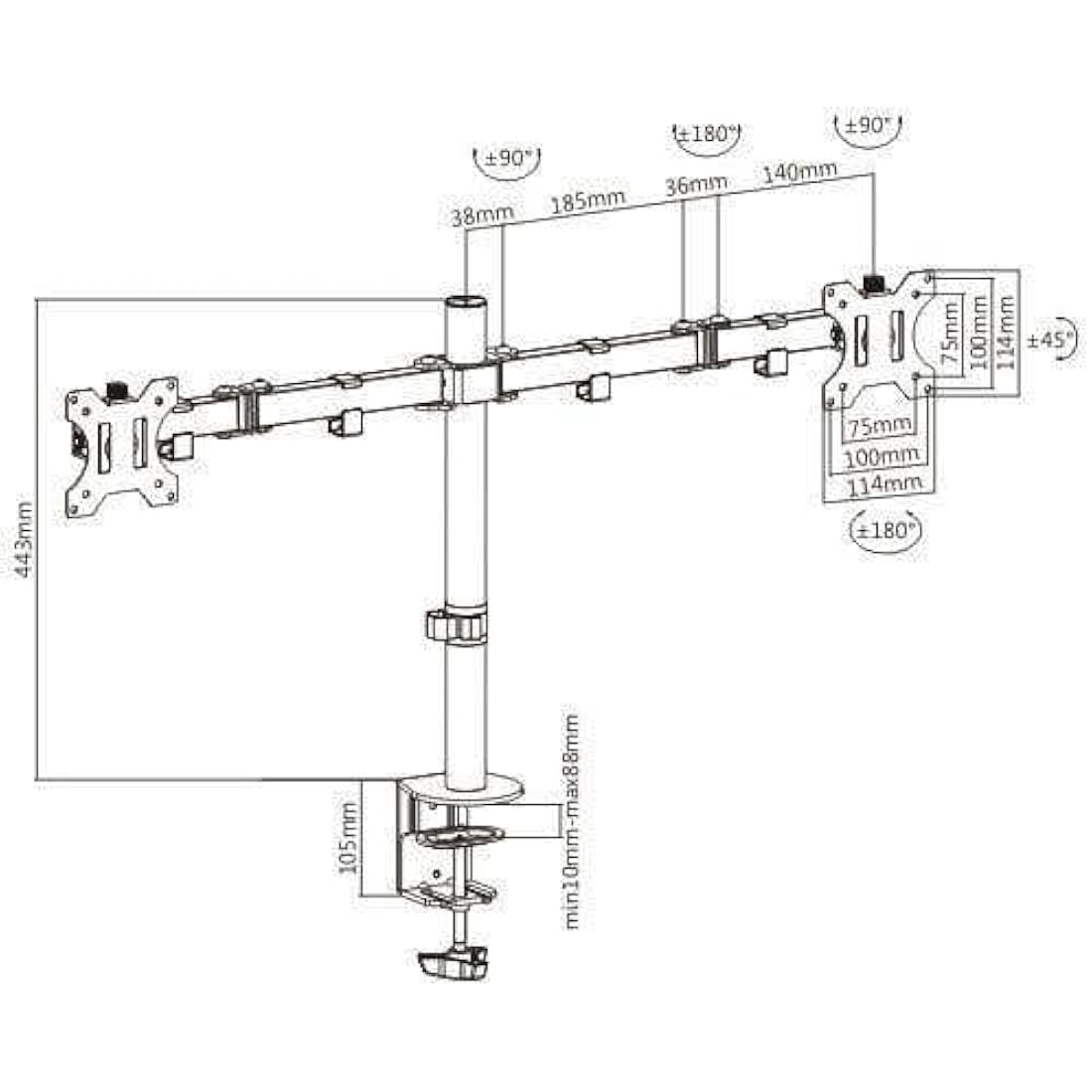 Audizio MAD20 Dual Monitor Desk Mount with Adjustable Steel Arms for 13-32" Screens – Full Motion, Height Adjustable, Tilt, Swivel, 360° Rotation, VESA 75x75 & 100x100, Black