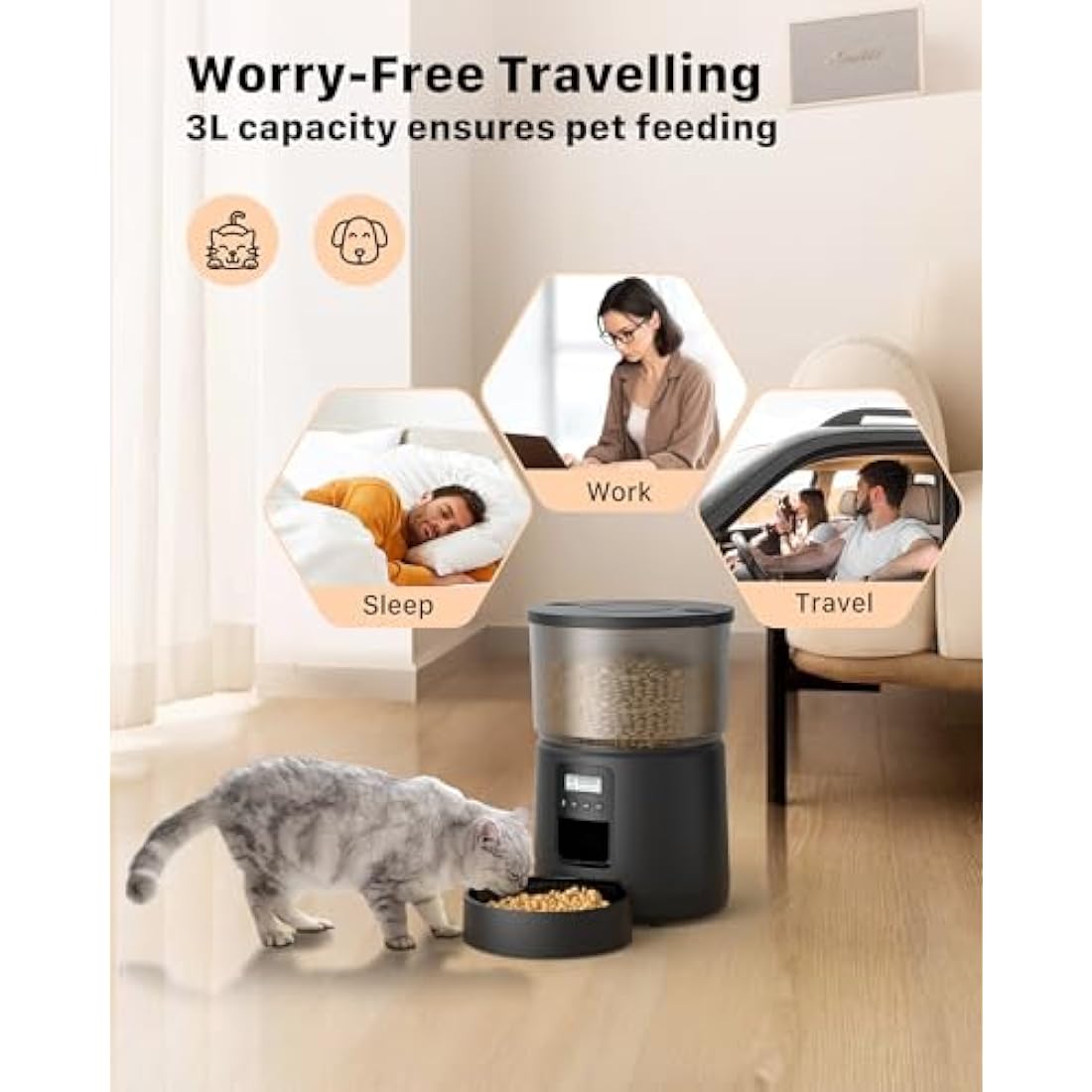 Automatic Cat Feeder Dry Food: Cat Feeder with Timer - Pet Food Dispenser Button Control 1-6 Meals - 3L Auto Dog Bowl with Customize Feeding Schedule - 10s Voice Recorder - Contains Desiccant