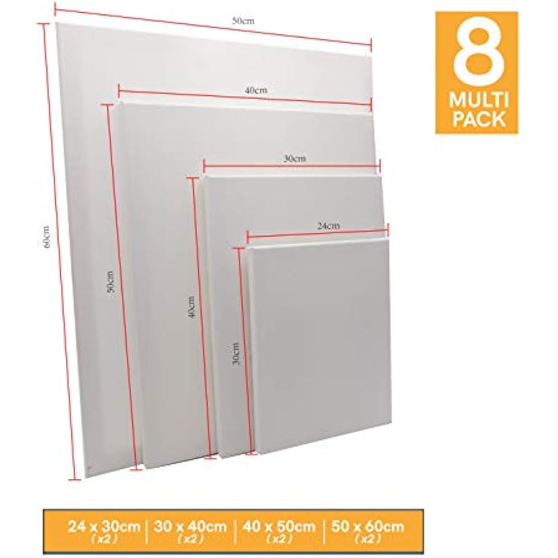 Artme Pre-Stretched Canvas 8pcs –24x30, 30x40, 40x50, 50x60 Assorted Artist Framed Canvas/ 280GSM/100% Cotton/Blank/Triple Primed/Acid Free/Medium Grain/ 1.7cm - Acrylic/Oil