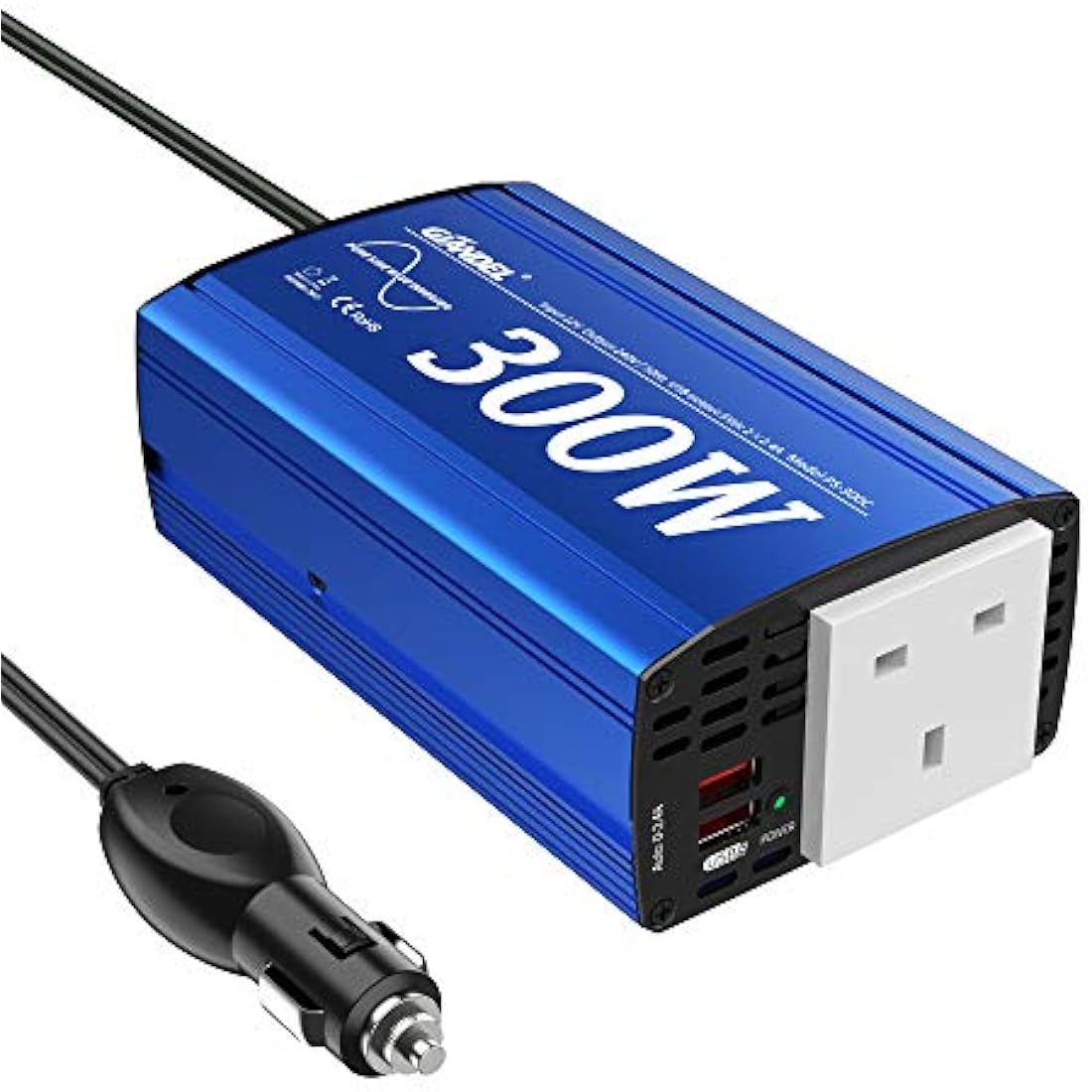 GIANDEL Pure Sine Wave Power Inverter 300Watt Car Adapter Converts 12V DC to 240V 230V AC with 4.8A Dual USB and AC Outlet for Tablets Laptops Smartphones Blue