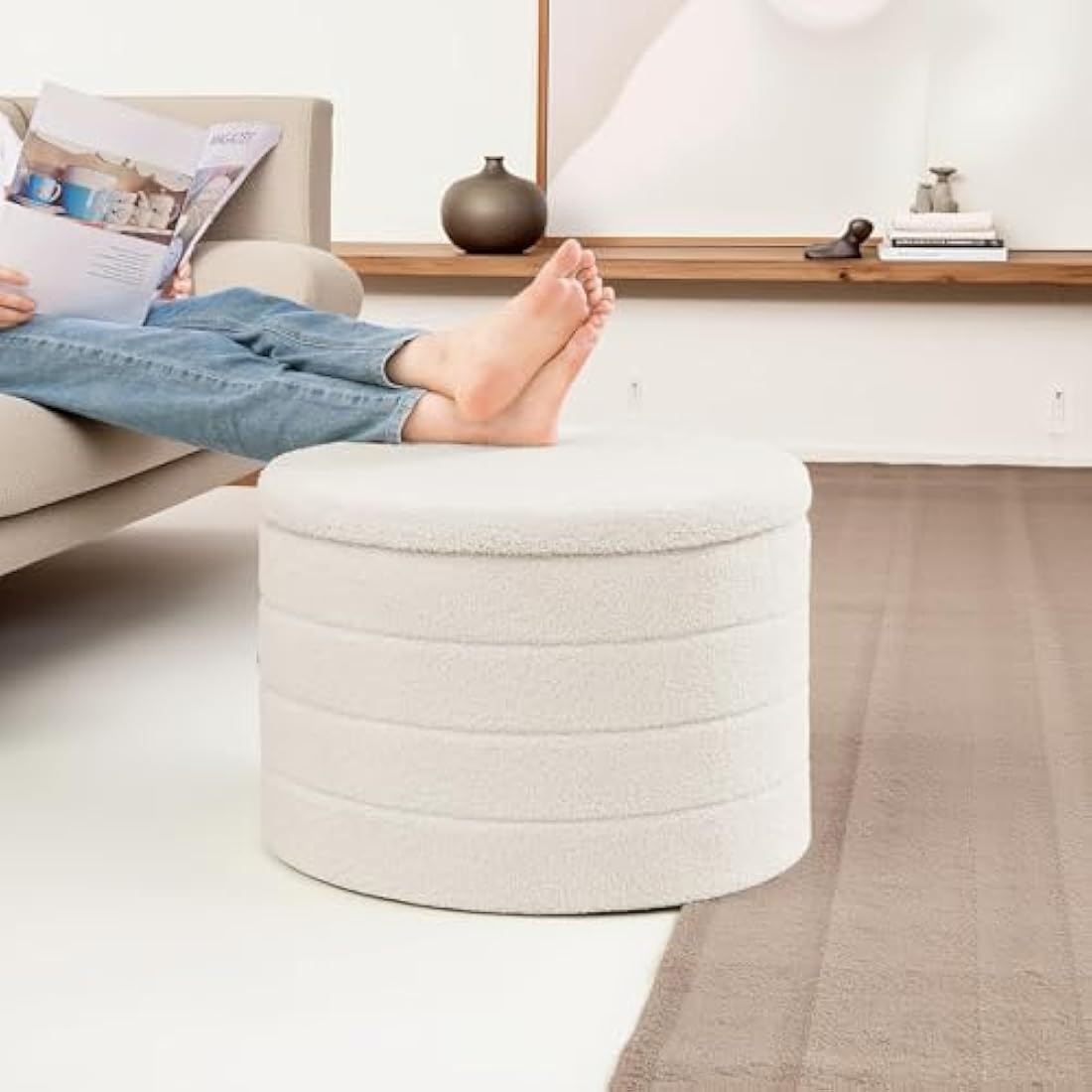 Bonlife Large Round Ottoman with Storage,Folding Boucle Stool,Ottoman Coffee Table,Chest Toy Box,Footstool for Living Room,Bedroom,White,56x56x40cm