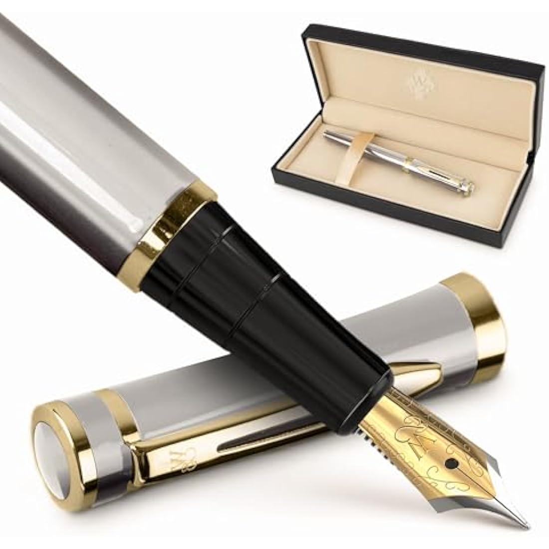 Wordsworth & Black Fountain Pen Set, 18K Gilded Broad Nib, Includes 24 Pack Ink Cartridges, Ink Refill Converter & Gift Box, Gold Finish, Calligraphy, [Silver Gold], Perfect for Men & Women