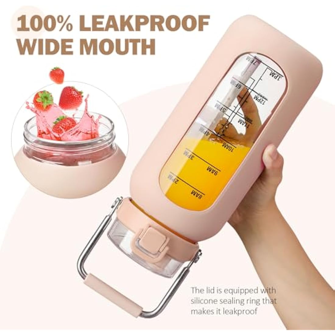 BLUEGO 2000ml Borosilicate Glass Water Bottle with Stainless Handle and Time Marker 2L Drinking Bottle with Silicone Sleeve and Straw for Gym Office Outdoor Sports Water Bottles BPA Free, Amber