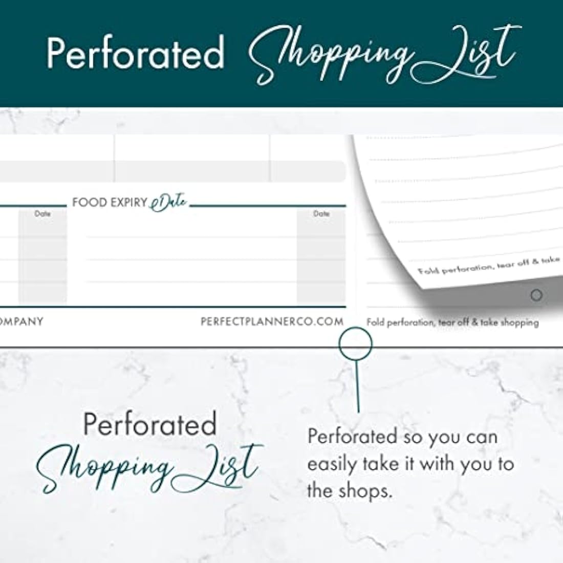 Perfect Planner Company - Magnetic Weekly Meal Planner Pad - A4 Tear Away Design - Perforated Shopping List - Calorie Tracker and Food Expiry Date - Teal - Portrait 50 Pages