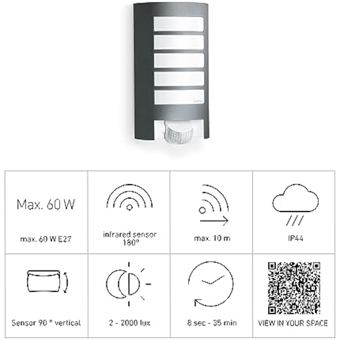 Steinel Outdoor Wall Light L 12 S anthracite, 180° motion detector, 10 m range, aluminium shade, E27 fitting, wall lamp