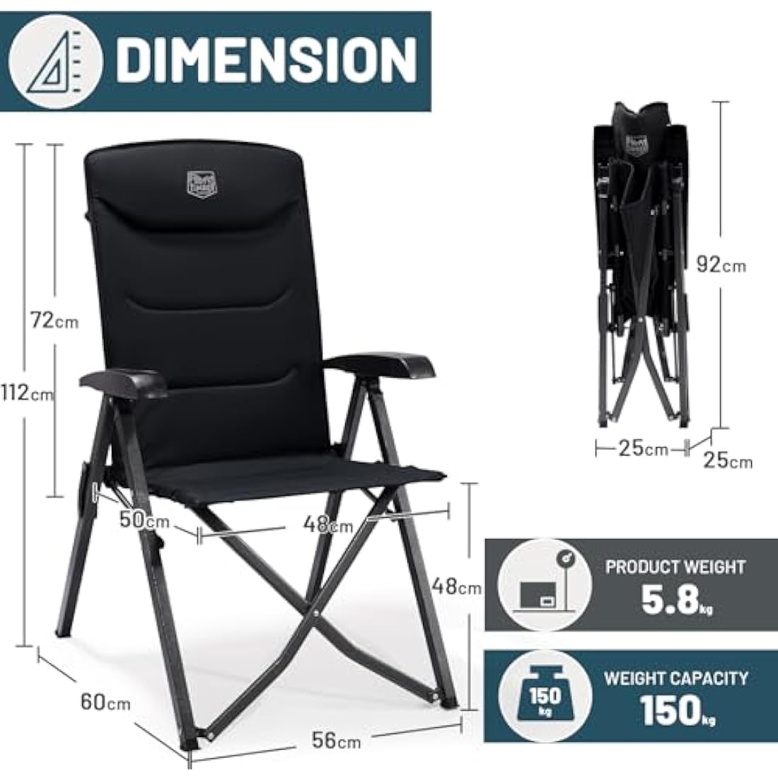 TIMBER RIDGE Camping Chairs for Adults Heavy Duty, Oversized Folding Garden Chair, High Back Outdoor Chair Luxury for Caravan Dining Beach Picnic, Adjustable 4-Position, Support 150kg, Black
