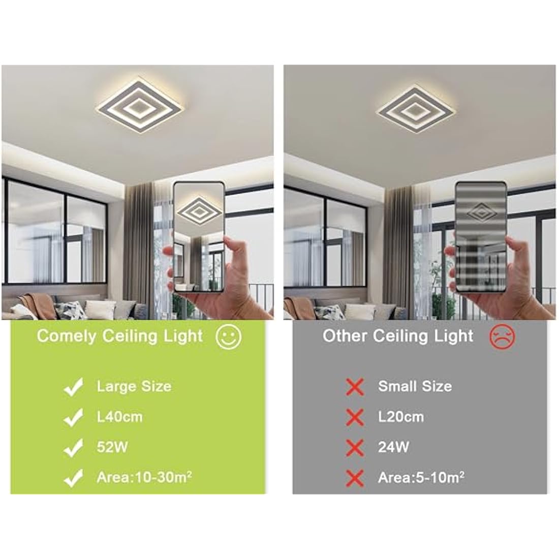 Comely Modern Square LED Ceiling Light, 52W 5850LM Acrylic LED Ceiling Lamp, White Chandelier for Bedroom, Living Room Natural Light 4500K, 40cm