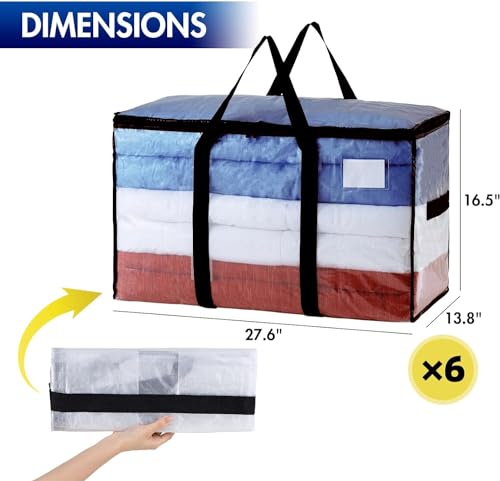 TAILI Extra Large Moving Bags, 6 Pack Clear Heavy Duty Totes, Wrap Around Handles,Storage Bags for Clothes Bedding Camping Space Saving,Alternative to