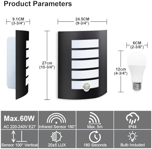 Allesgute Outdoor Wall Lights with PIR Motion Sensor, IP44 Waterproof Curved Outside Lights Mains Powered Black Wall Lamp for Porch, Front Door, Incl.12W E27 Bulbs Cool White 6000K