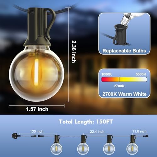 Yuusei Festoon Lights Outdoor 150Ft, LED Outdoor String Lights Mains Powered Waterproof Garden Lights with 75+2 Shatterproof Plastic G40 Bulbs for Party, Patio, Wedding, Party, Terrace