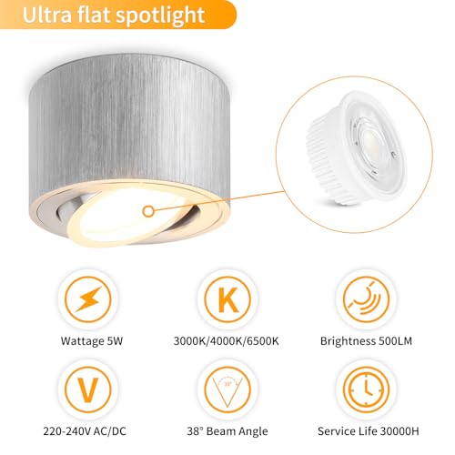 GeyouLux Dimmable LED Spotlight with Adjustable Projection, 5 W Ceiling Spotlights, Diameter 80 x 50 mm, 3000 K/4000 K/6500 K, 30 Rotation Bathroom