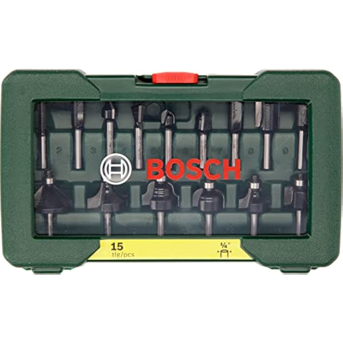 Bosch 2607019468 15-Piece Carbide Router Bit Set (for Wood, 1/4-Inch Shank, Accessories for Routers), Silver/Black