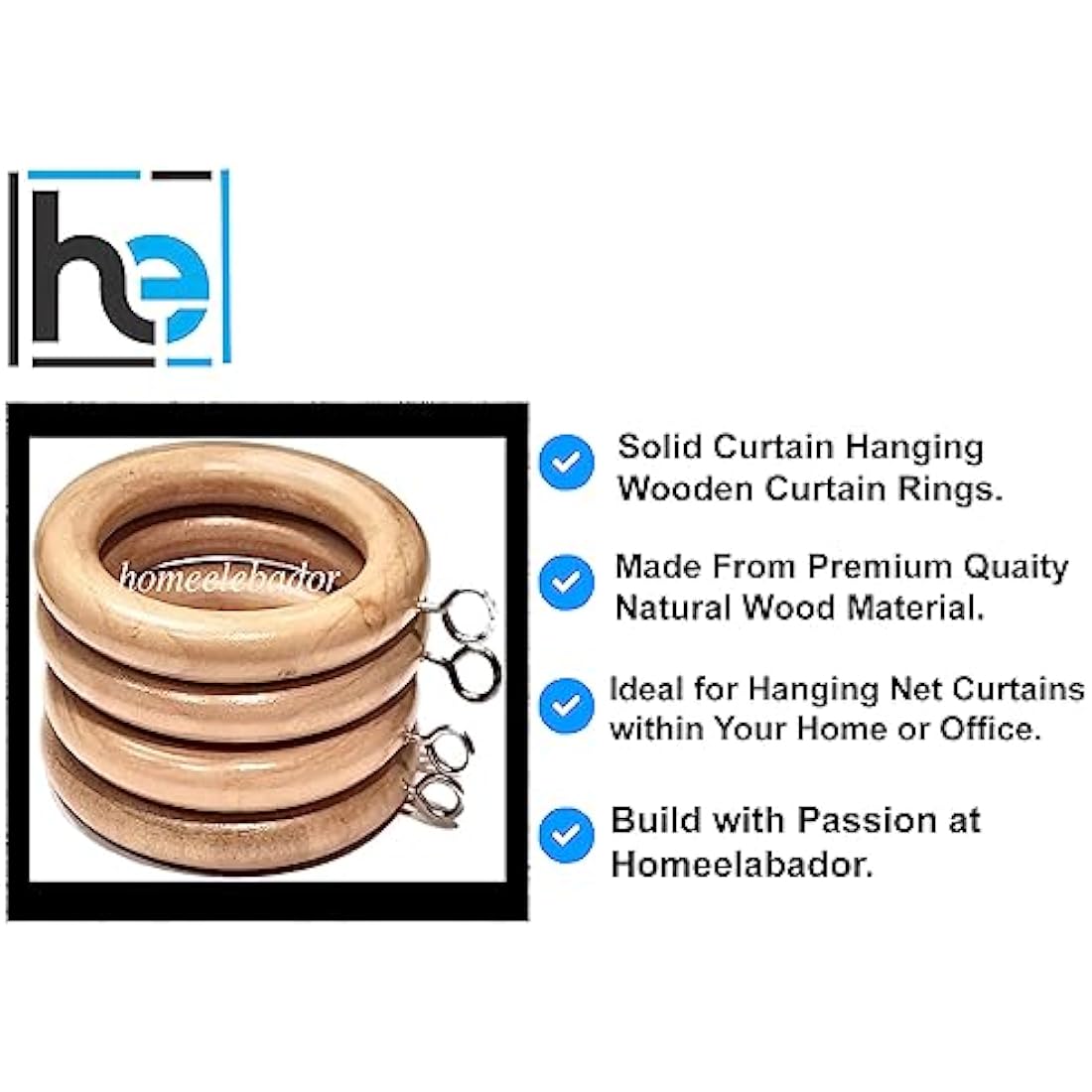 Wooden Curtain Rings 38mm with Screw Eye Natural Wood Drapery Curtain Rings Rod Hanging Sliding Eyelet for 35mm Poles Pack of 18.