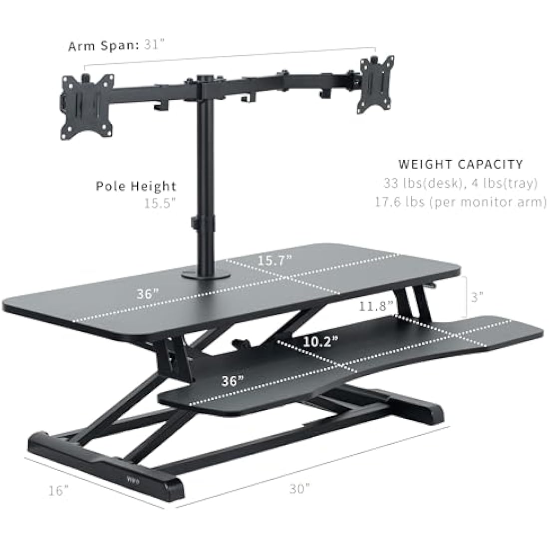 VIVO Height Adjustable 91cm Standing Desk Converter with Dual 13 to 30 inch Monitor Stand, Sit Stand Monitor Mount and Desk Riser, Black, DESK-V036K-M2