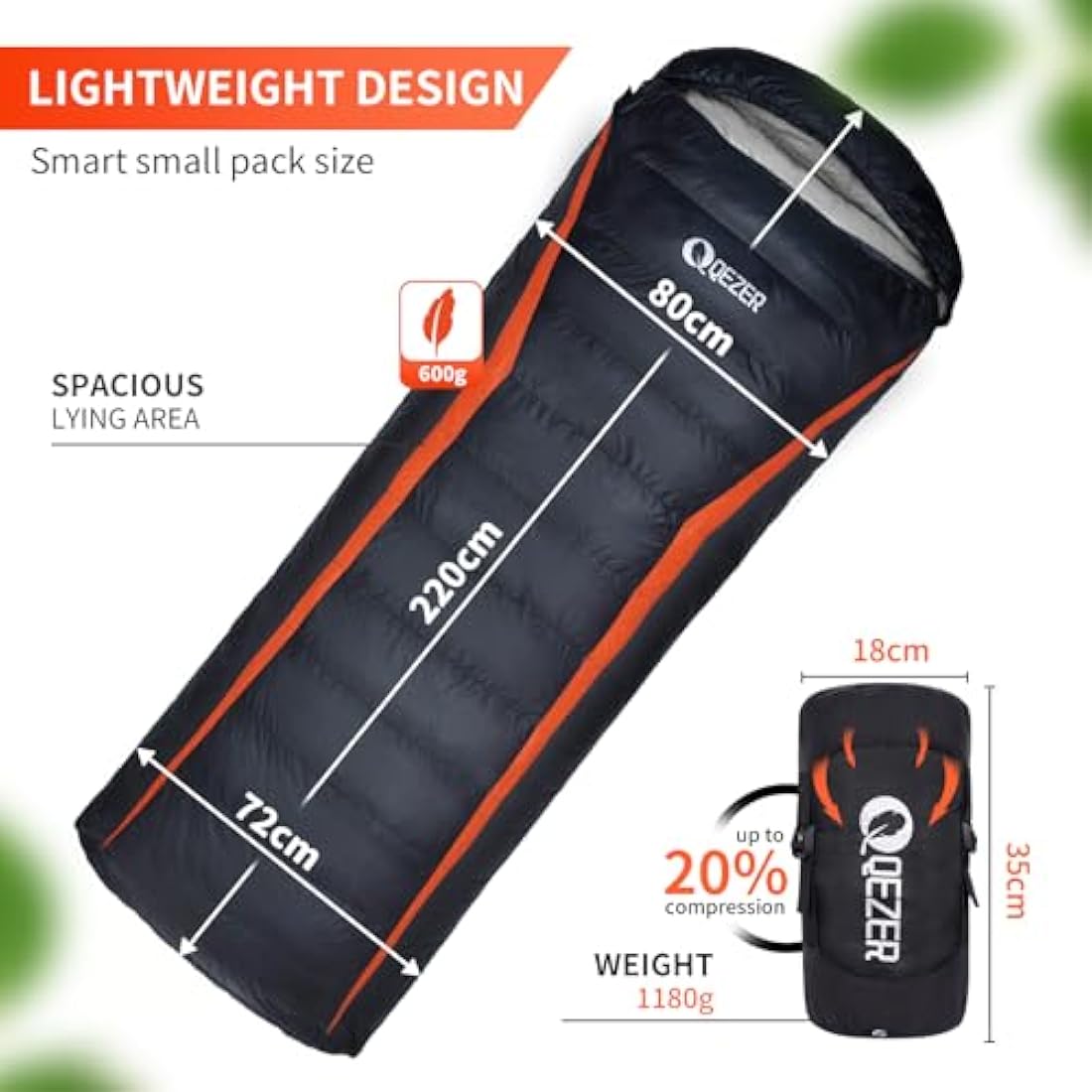 QEZER Down Sleeping Bag,Lightweight Rectangular Winter Sleeping Bag [1180g/1860g] for Adults and Kids 4 Season Camping, Hiking,Warehouse and Moutaineering Outdoor